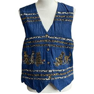 Vintage 90s Casey & Max Blue Animal Print Cats Western Vest Women's Size XL 